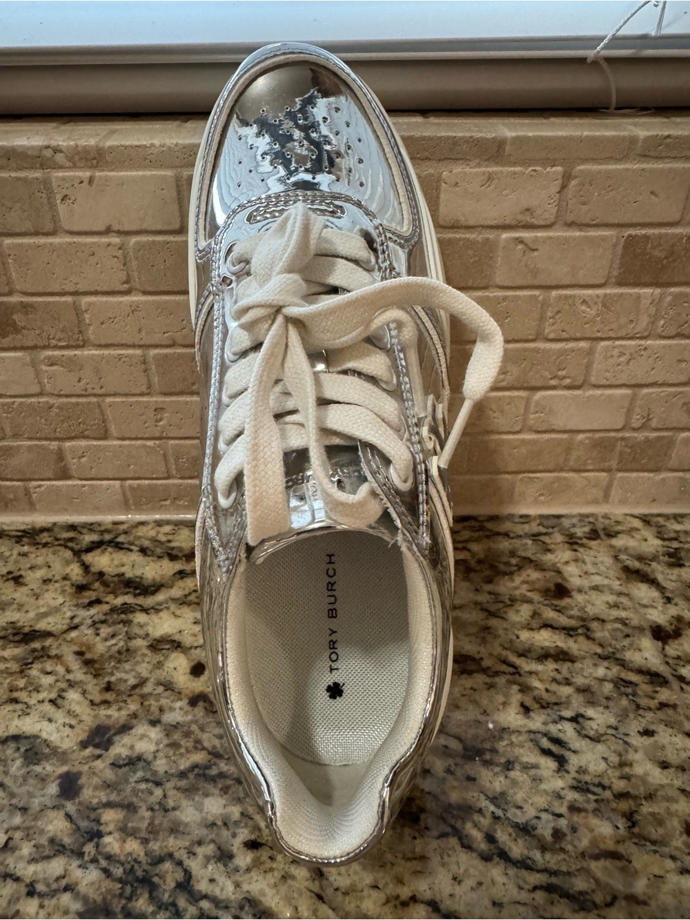 Tory Burch Metallic Silver Low-Top Logo Sneaker - Picture 7 of 8